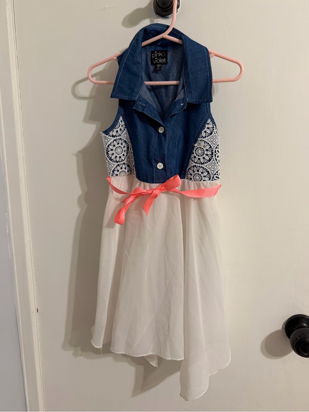 Pink & Violet Girls' Denim and White Lace Casual Dress with Coral Ribbon